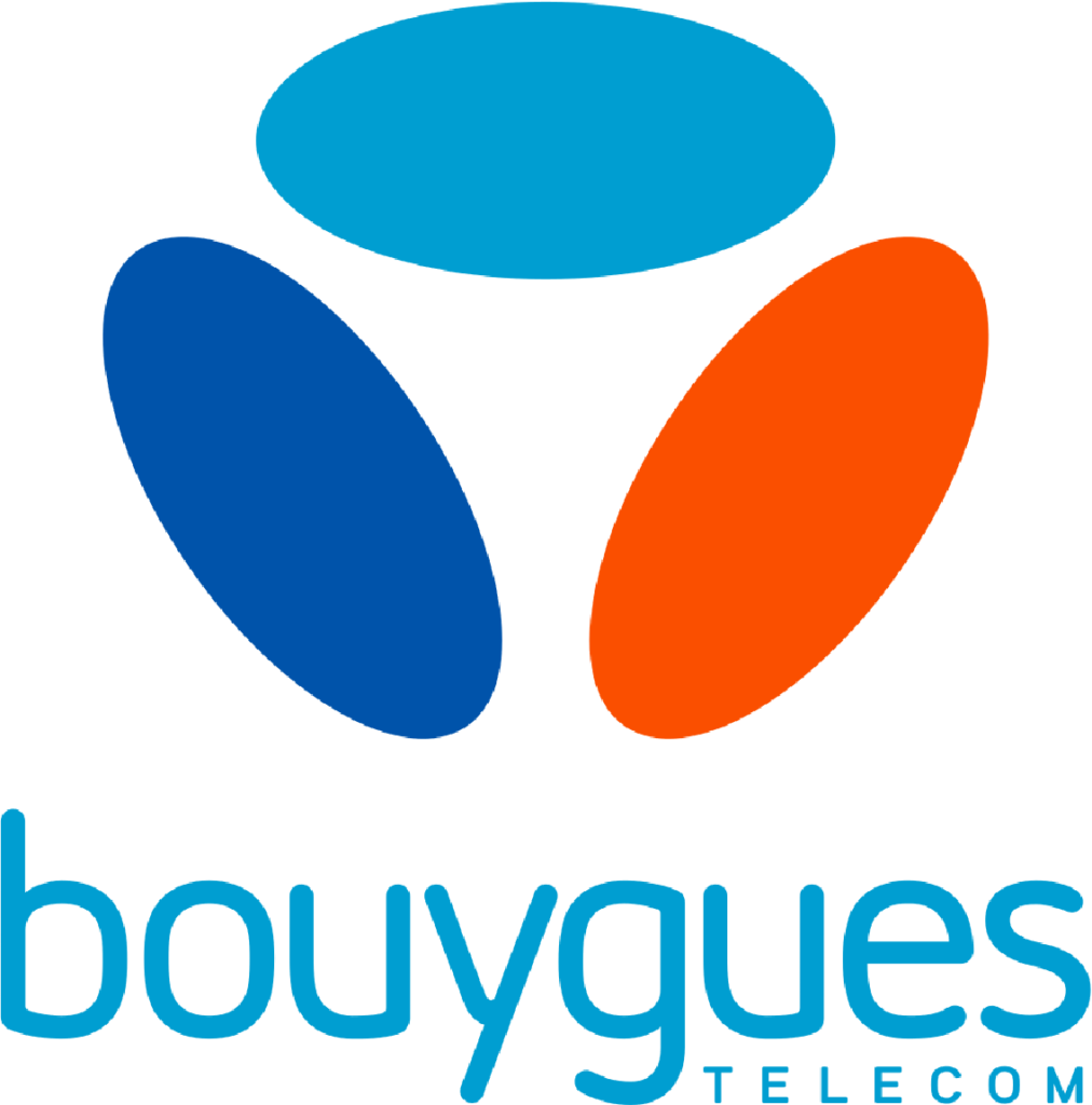 Logo en 3 couleurs bleu foncé, bleu ciel et orange avec en dessous bouygues télécom écrit