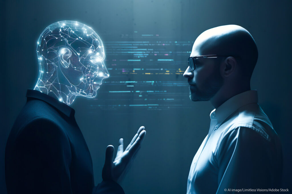 On peut voir deux personne, une a gauche qui est un robot et à droite un humain